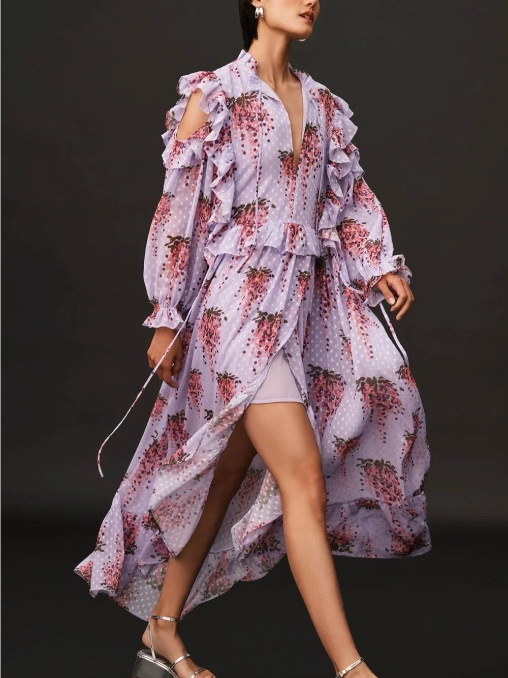 Lavender Floral Ruffle Cold-Shoulder Maxi Dress - Picture 2 of 4